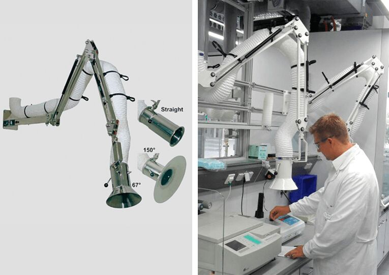 Super-M-extractor arms are ideal for pharmaceutical, food and chemical processes where fumes and dust occur, such as during weighing, dosing, mixing or sampling.