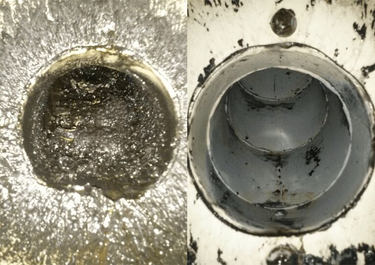 Fotodokumentation eines Absaugrohrs vor (links) und nach der Reinigung (rechts)