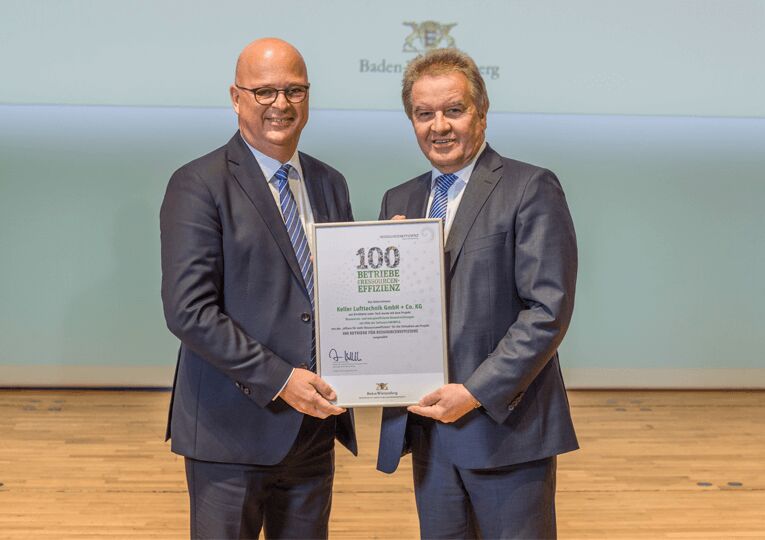 Horst Keller (left) Managing Director of Keller Lufttechnik receives certificate of inclusion in "100 Companies for Resource Efficiency", by the Minister for the Environment, Franz Untesteller (photo by Stefan Longin).